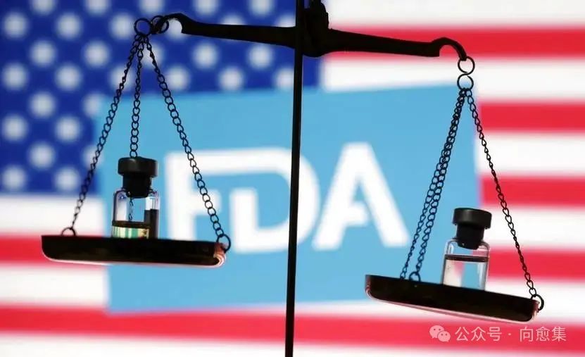 插图显示美国国旗、FDA 标志、小瓶和秤