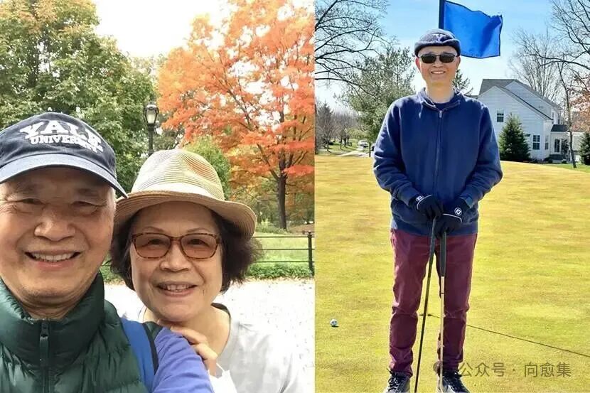 一对亚洲老夫妇微笑着，独自站在高尔夫球场上微笑着。