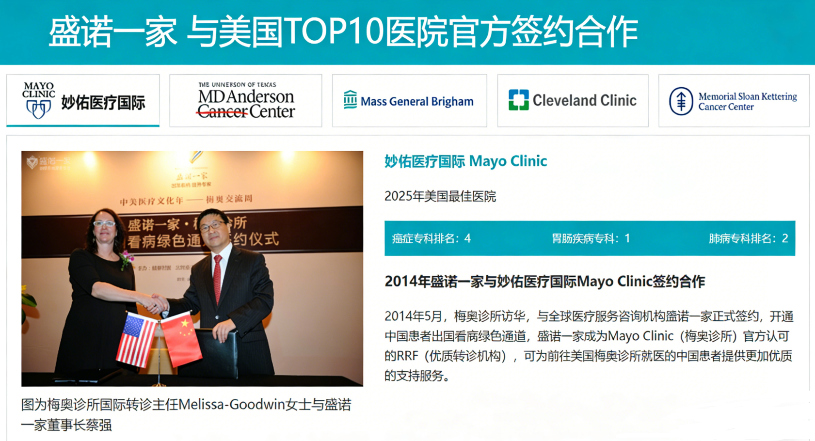 盛诺一家与美国知名医院官方签约合作