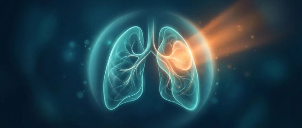 温暖色调的抽象肺部光影插画,传递精准治疗与希望