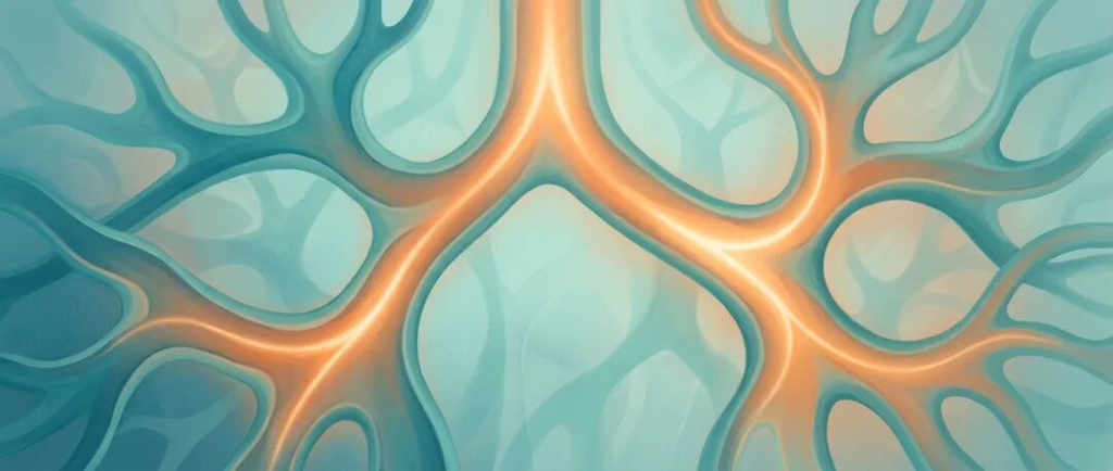 温暖的医学插画,发光的光点在形似肺部气道的柔和迷宫中穿行,象征科技带来希望