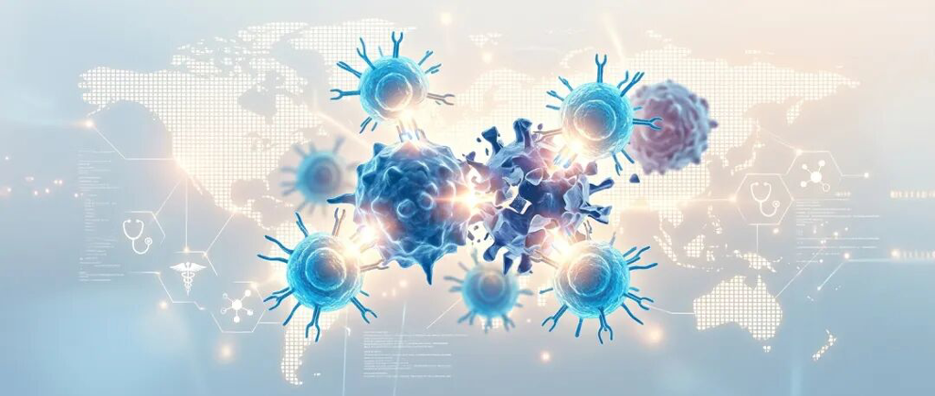 抽象医学插画:发光的T细胞靶向癌细胞,传递希望与国际化医疗感