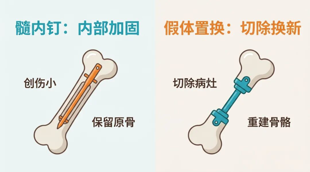 髓内钉与假体置换手术原理对比图
