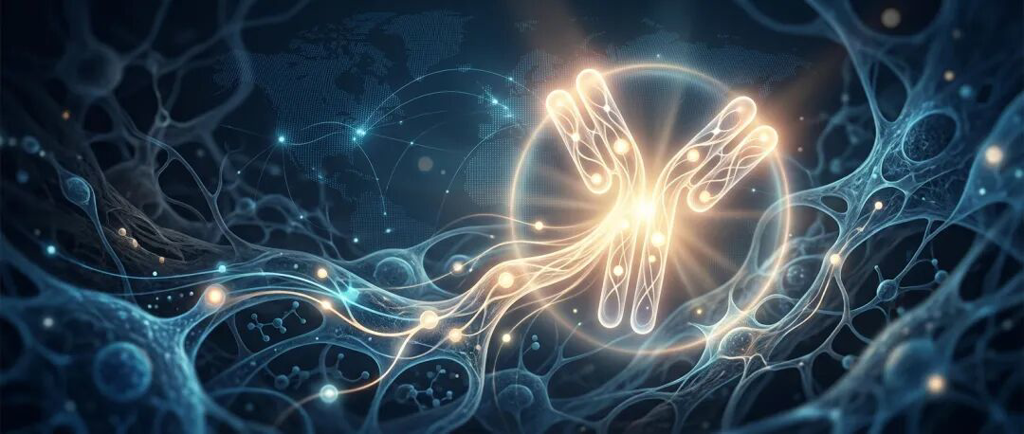 抽象医学插画:发光的抗体分子照亮细胞环境,传递希望与专业感