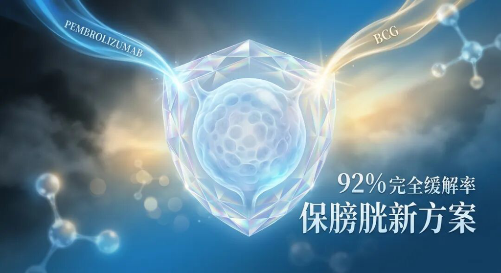 一张充满希望与科技感的医学插画:在盛诺一家品牌蓝(#1996DF)的基调下,一束温暖的晨曦金光穿透疾病阴霾。画面中央是一个被透明晶体盾牌守护的发光球体,寓意通过帕博利珠单抗联合BCG的国际前沿新疗法,92%的极高危非肌层浸润性膀胱癌患者实现了完全缓解,成功保住器官。整体视觉传递出纪念斯隆凯特琳癌症中心研究的权威感与生机。