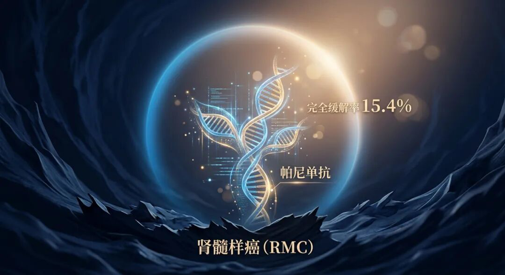 一张极具情感共鸣的抽象医学插画:在代表深重疾病的暗蓝色背景中,一株由发光DNA链和数据线构成的‘生命之芽’破土而出,象征着年轻生命的延续。它被盛诺一家品牌蓝(#1996DF)的柔和光环所守护,画面标注有‘肾髓样癌 (RMC)’、‘帕尼单抗’及‘完全缓解率 15.4%’,传递出绝处逢生的希望与医学进步的力量。