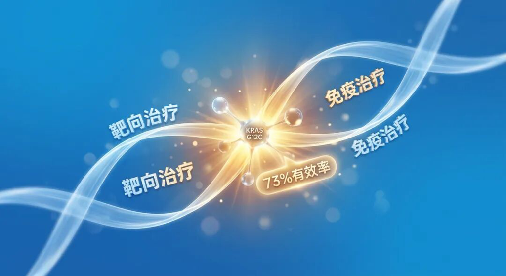 一张专业医学插画,展示了靶向治疗与免疫治疗两股光束交织协作,精准击中KRAS突变靶点。画面中心迸发出温暖的金橙色光芒,并标注‘73% 有效率’,寓意双药联合带来的突破性疗效与希望。色调以盛诺一家品牌蓝为基调,风格国际化且充满生机。