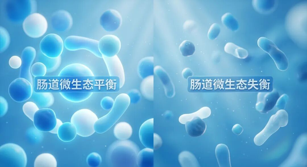 一张展现肠道微生态平衡与失衡对比的医学插画。画面采用盛诺一家品牌蓝调,呈现出通透、唯美的微观世界。左侧展示了和谐、多样的菌群平衡状态,右侧展示了失衡状态,并配有中文标签‘肠道微生态平衡’与‘肠道微生态失衡’。