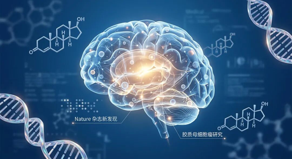 一张充满科技感与希望的医学插画。画面中心是一个由品牌蓝色神经网络构成的抽象大脑,周围环绕着睾酮分子结构和DNA双螺旋,柔和的金色光芒从大脑中心散发,象征《自然》杂志关于胶质母细胞瘤的重大科研突破。色调专业且温暖,传递出前沿医学带来的治愈希望。
