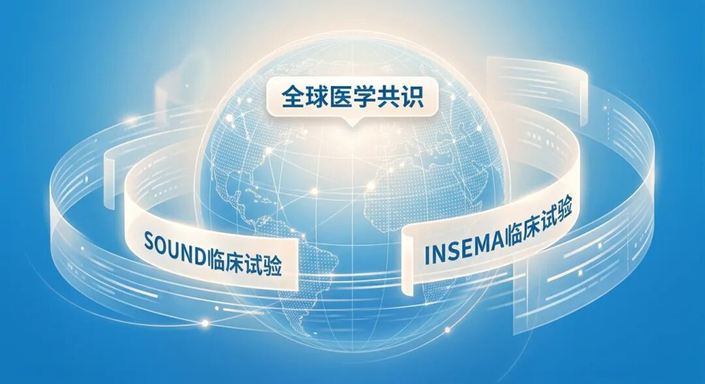一张极具国际化视野的医学插画,以盛诺一家品牌蓝为基调,展示了由SOUND和INSEMA国际临床试验支撑的全球医学共识。画面中抽象的地球经纬线与发光的临床证据卷宗交相辉映,传递出链接全球顶尖医疗、专业且充满希望的视觉感受。