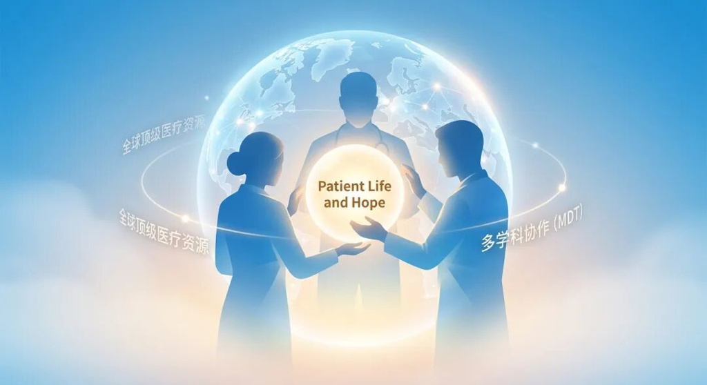 插画展示了一个发光的抽象地球仪,象征盛诺一家链接的全球医疗网络。几位代表不同学科专家的抽象剪影正共同守护着中心代表生命与希望的暖色光芒。画面中融入了‘全球顶级医疗资源’与‘多学科协作 (MDT)’的字样,整体色调采用专业的品牌蓝,并伴有黎明般的金色光晕,传递出专业、温暖与国际化的力量。
