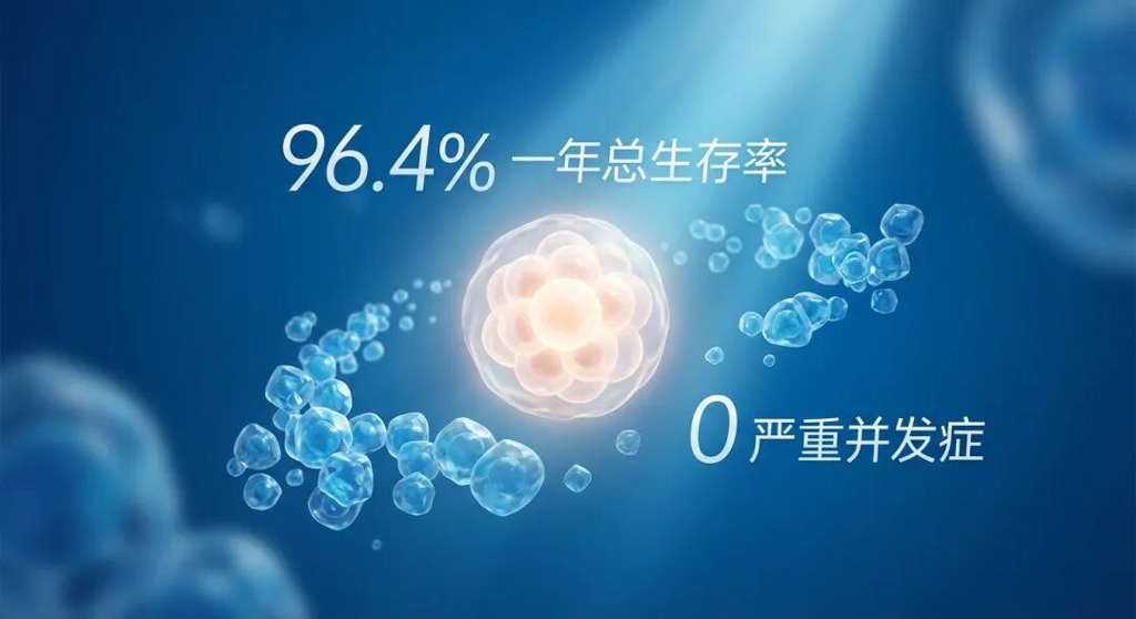 一张充满希望感的抽象医学插画,展示了96.4%的高生存率和0严重并发症的医学突破。画面以盛诺一家品牌蓝为基调,柔和的光束照亮了象征新生的造血干细胞,传递出国际前沿医疗带来的生命曙光。