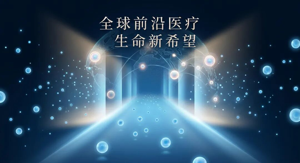 一张寓意未来与希望的医学插画:蓝色调的全球医疗网络背景下,发光的干细胞微粒汇聚成通往未来的道路,象征着盛诺一家连接全球顶尖资源,为脐带血移植及重症患者带来新生的希望。