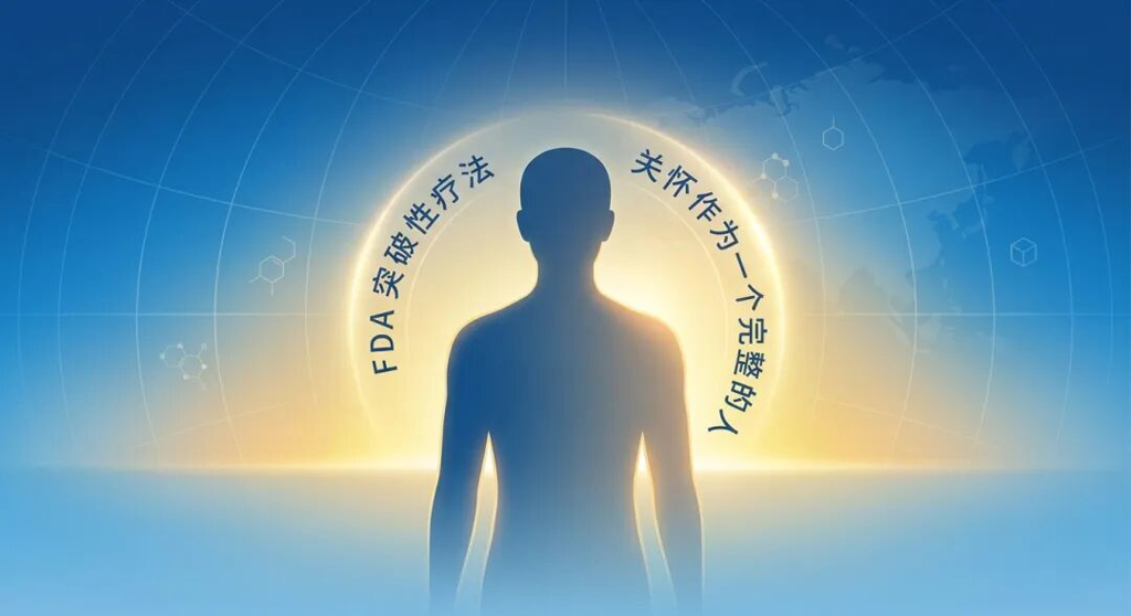 一张充满希望的医学插画:一个抽象的人物轮廓面向远方升起的金色阳光,背景融入了品牌蓝、全球经纬线和医疗符号,并标注有‘FDA 突破性疗法’,象征着全球顶尖医疗带来的身心治愈与希望。