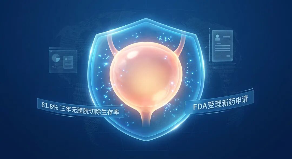 一张充满科技感与希望的医学插画。画面中心是一个发光的抽象器官意象,被盛诺一家品牌蓝(#1996DF)的科技护盾温柔包裹,寓意Anktiva联合BCG新药方案对膀胱的保护。背景融入全球化网格与医学元素,并清晰标注‘81.8% 三年无膀胱切除生存率’与‘FDA受理新药申请’,为重症患者传递权威、国际前沿的治疗希望。