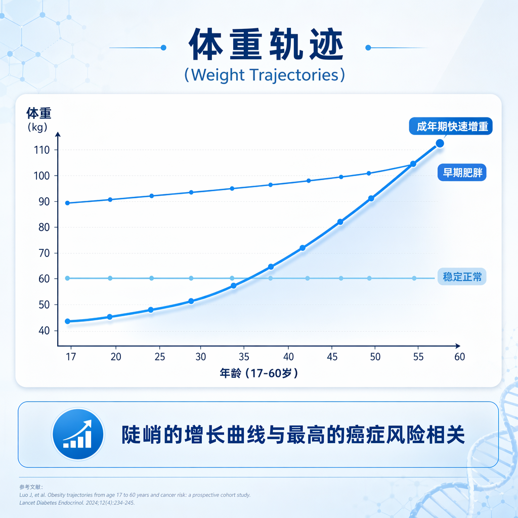 一张专业的医学插画图表,展示了17岁至60岁间的三种体重轨迹:‘稳定正常’曲线平缓,‘早期肥胖’曲线起点高且缓慢增长,‘成年期快速增重’曲线从正常起点陡峭上升。图表下方标注‘陡峭的增长曲线与最高的癌症风险相关’,整体采用盛诺一家品牌蓝色调,风格温暖且专业。
