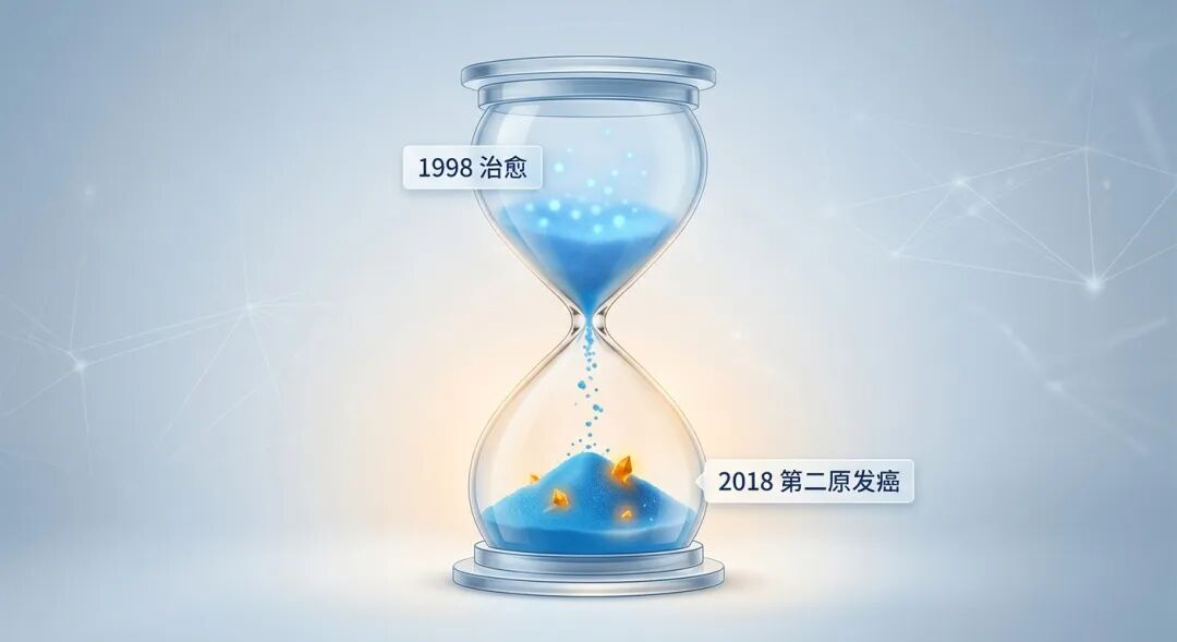 一张抽象医学插画:一个精致的沙漏寓意“时间的潜伏”。沙漏上半部充满柔和的品牌蓝光点,标注“1998 治愈”;经过20年的时间流动,沙漏下半部积聚的蓝色沙粒中,隐约浮现出琥珀色的异色光点,标注“2018 第二原发癌”。画面简洁高级,传递出医学与命运交织的复杂感。