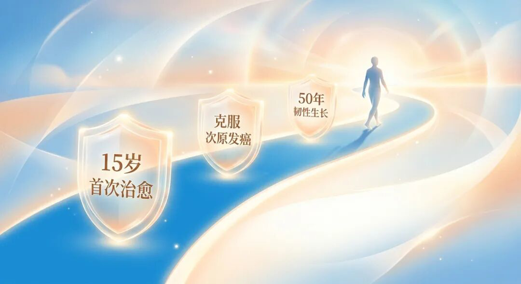 画面展示了一条在晨曦中向上延伸的蓝色发光长路,象征Erin长达50年的生存历程。路旁矗立着发光的里程碑,记录着‘15岁首次治愈’、‘克服二次原发癌’等生命关隘。一个抽象的光影轮廓正坚定前行,整体色调为盛诺一家品牌蓝,传递出‘治愈后人生’的韧性与希望。