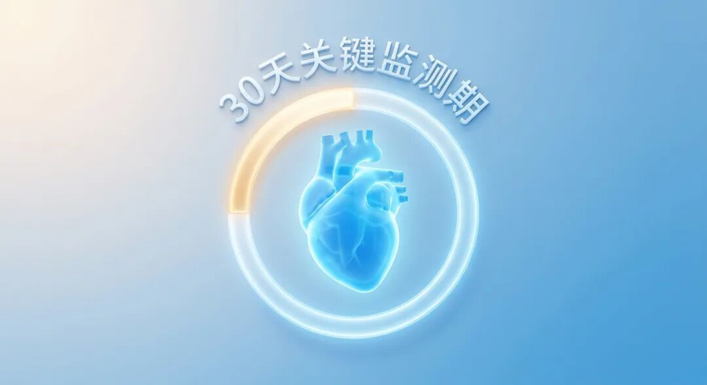 一张抽象医学插画:一颗被柔和蓝色光环保护的心脏,光环上金色高亮标示出‘30天关键监测期’,寓意通过免疫治疗初期的科学监测,心脏风险是可控且受保护的,画面充满专业感与希望。