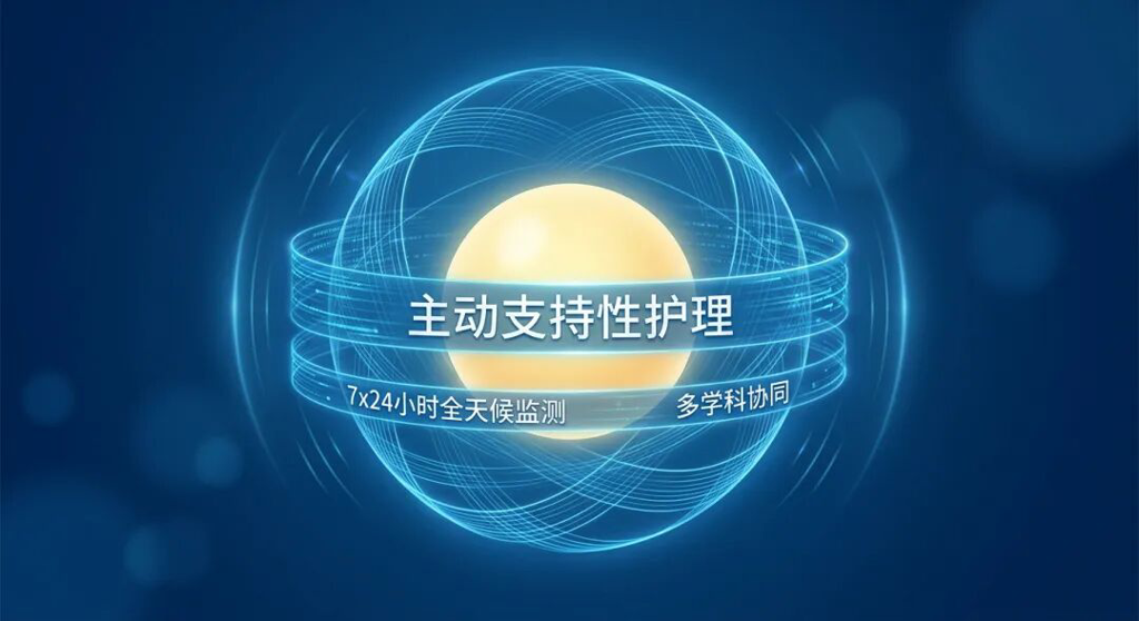 一张抽象的医学插画,展示了盛诺一家倡导的‘主动支持性护理’模型。画面中心是一个代表生命健康的暖黄色光球,被一层由品牌蓝色光带和数据线编织成的全方位保护网紧紧环绕。背景为深邃的专业蓝色,光影柔和,画面中融入了‘主动支持性护理’、‘7x24小时全天候监测’和‘多学科协同’的中文标签,传递出极强的安全感、专业度以及国际化医疗服务的标准。