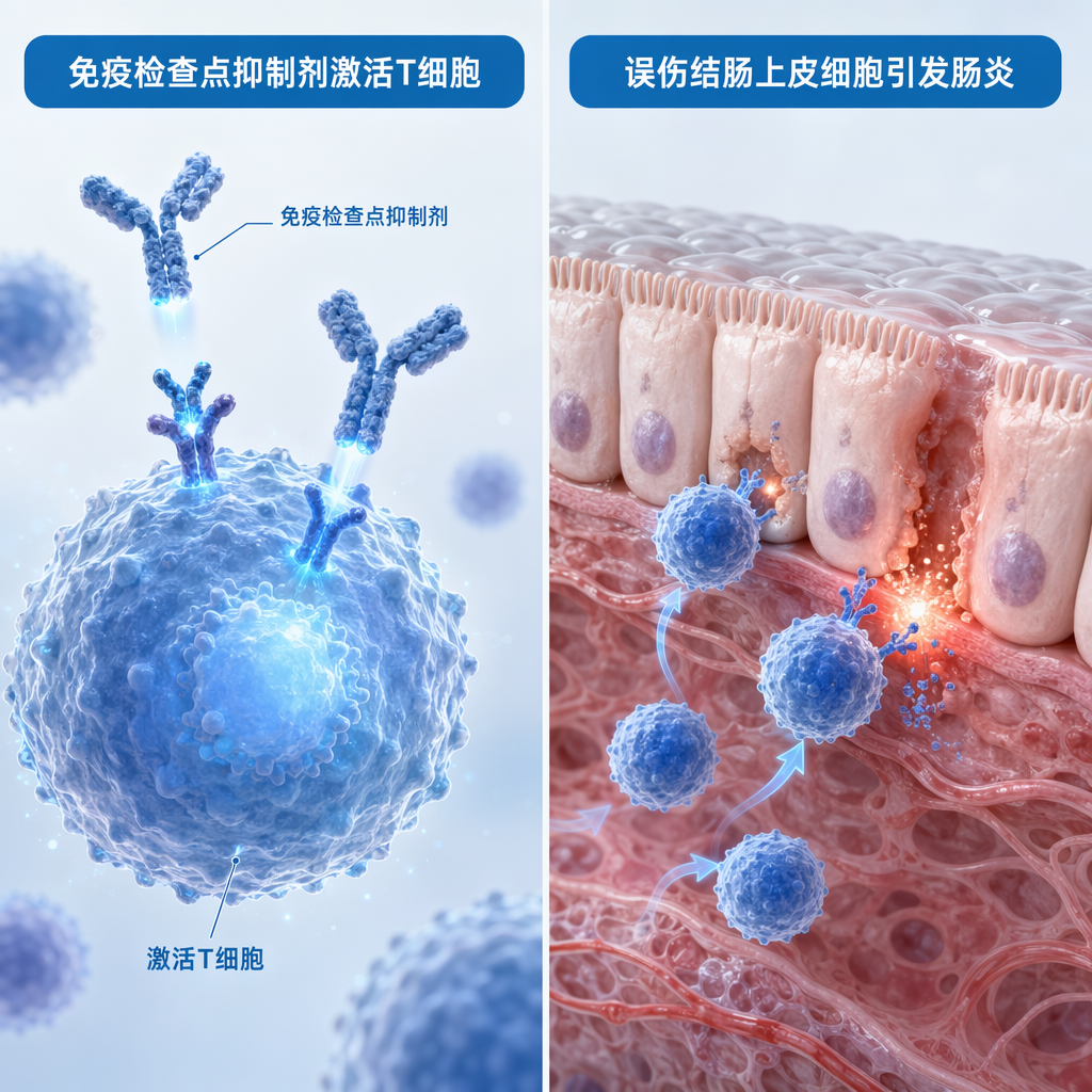 医学示意图:左侧展示免疫检查点抑制剂如何激活T细胞;右侧展示被激活的T细胞错误攻击结肠正常上皮细胞,导致免疫相关性结肠炎。