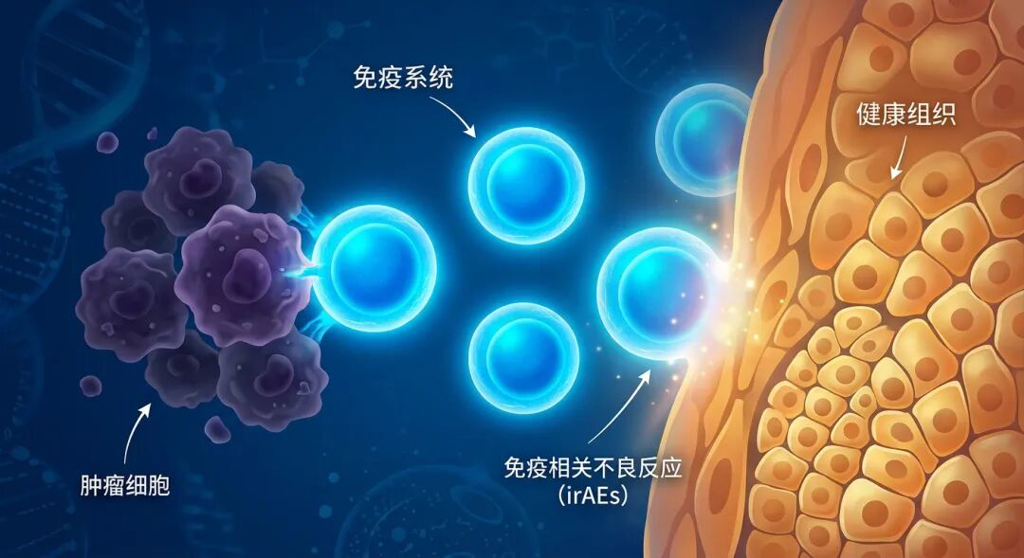 抽象医学插画:展示免疫系统在攻击肿瘤细胞(蓝色光芒)的同时,因能量溢出对周围健康组织(温暖橙色)产生影响,寓意免疫相关不良反应(irAEs)的平衡与冲突。