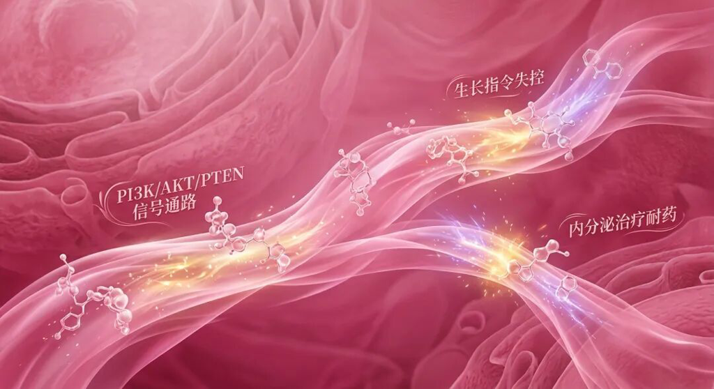 一张温暖且具有科学感的微观医学插画,展示了细胞内失控的PI3K/AKT/PTEN信号通路。粉色的能量轨道上闪烁着代表异常活跃的金色光芒,并标注有‘生长指令失控’和‘耐药’等中文标签,解释了乳腺癌耐药的分子机制。