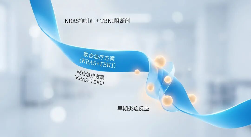 一张抽象医学插画,展示了代表‘KRAS抑制剂+TBK1阻断剂’的蓝色流光带正在温柔而坚定地拦截并包裹代表‘早期炎症反应’的微小粒子,寓意通过联合用药精准阻断耐药机制,为结直肠癌患者带来治疗希望。
