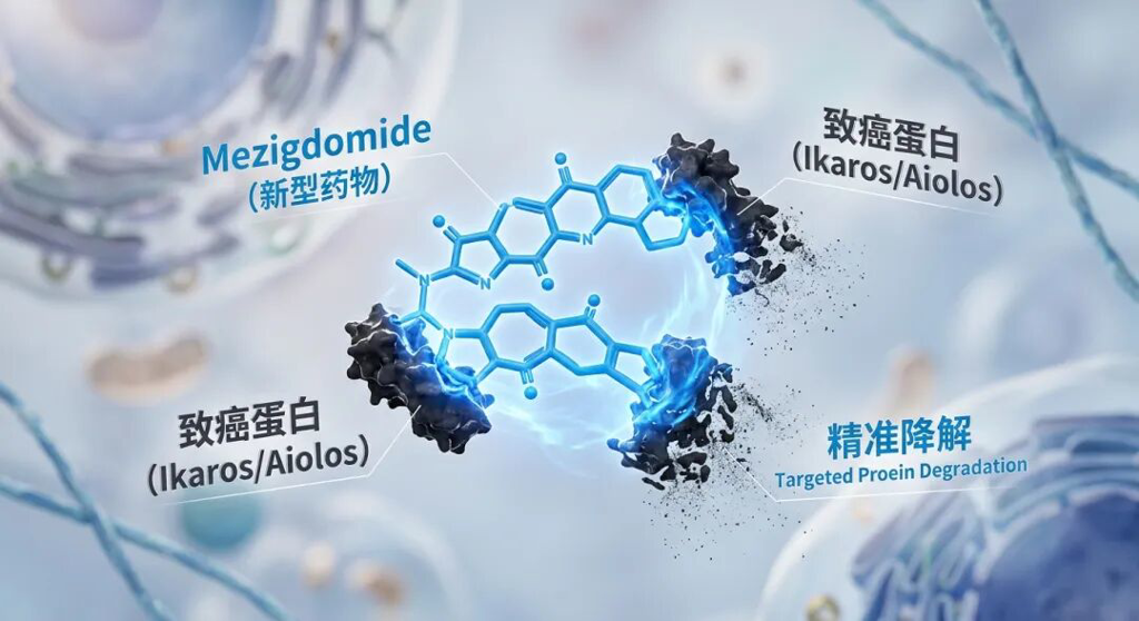 一张具有艺术感的微观医学插画,展示了新型药物Mezigdomide(蓝色发光能量)正在精准地包裹并降解暗色的致癌蛋白(Ikaros和Aiolos),致癌蛋白正在像垃圾一样被拆解、消散,体现了‘靶向蛋白降解’的创新机制,画面充满科技感与希望。