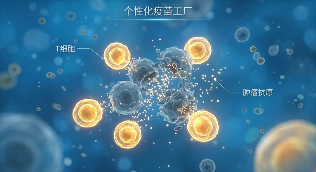医学插画展示了溶瘤病毒疗法在体内构建的“个性化疫苗工厂”:金黄色的T细胞(免疫系统)被精准唤醒,正在识别并包围释放出肿瘤抗原的暗淡癌细胞,画面充满科技感与希望。