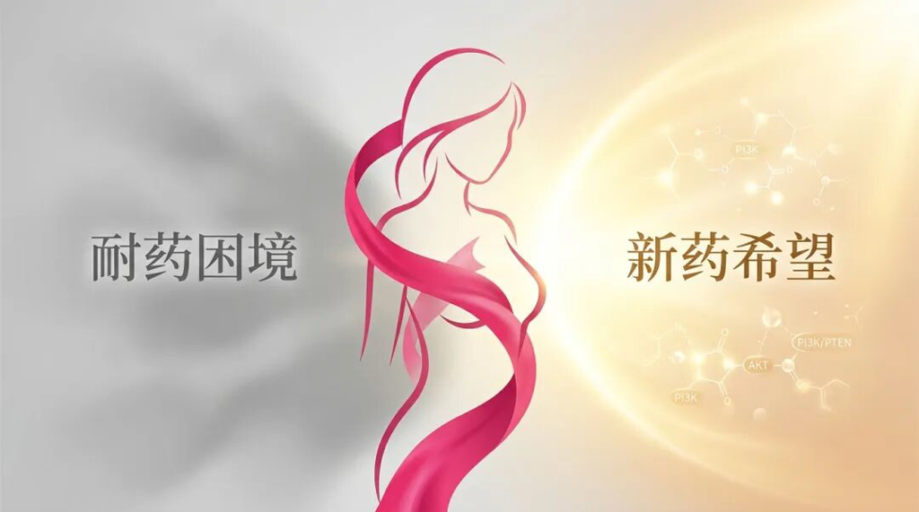 一张充满希望的医学插画:画面左侧是代表HR+/HER2-乳腺癌耐药困境的灰色阴影,右侧则是沐浴在温暖晨光中的玫妍社品牌粉色丝带和抽象女性轮廓,光影中隐约可见PI3K/AKT/PTEN信号通路分子,象征着新药TER-2013带来的曙光与力量。