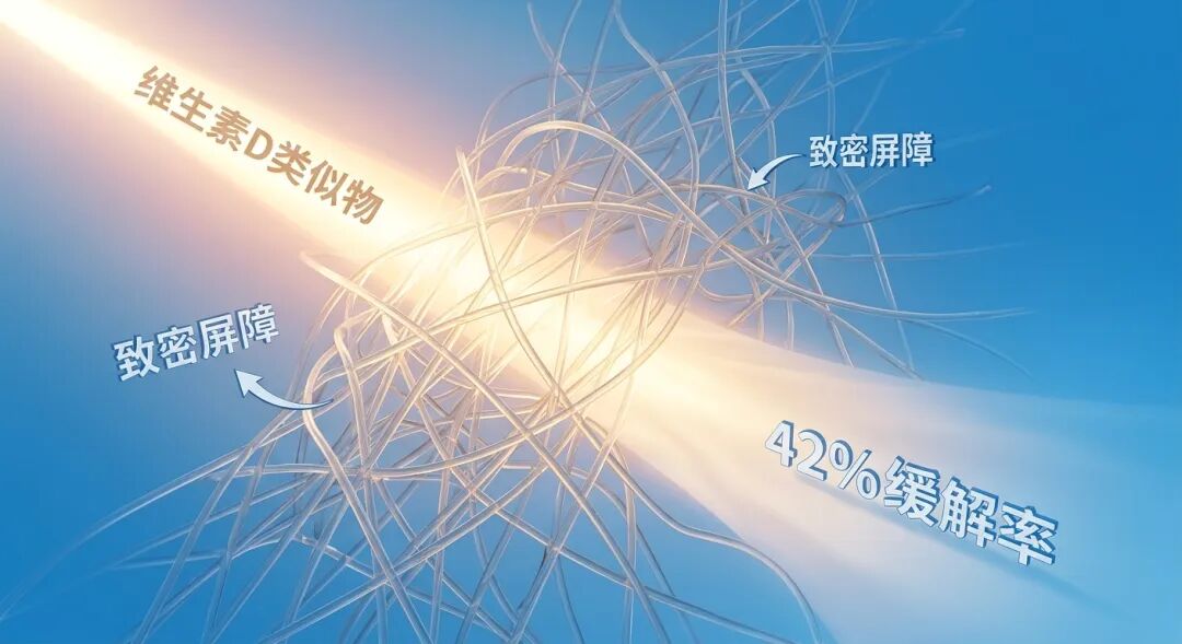 一张具有国际化质感的医学插画。画面以盛诺一家品牌蓝(#1996DF)为基调,展示了温暖的光芒(代表维生素D类似物帕立骨化醇)正在穿透并瓦解胰腺癌肿瘤周围致密的纤维屏障。画面配有中文标签‘致密屏障’、‘维生素D类似物’和‘42% 缓解率’,寓意新疗法带来的突破与希望。