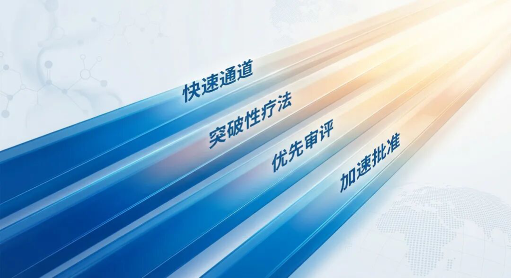 一张专业的医学插画,展示了美国FDA的四种加速审批通道:快速通道、突破性疗法、优先审评和加速批准。画面中四个发光的蓝色抽象通道并列延伸,尽头散发出温暖的希望之光,象征着创新药物通过这些绿色通道加速惠及患者。