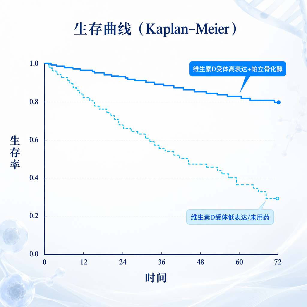 一张专业且具有美感的医学插画生存曲线图。图中展示了两个群体生存率随时间的变化:上方深蓝色实线代表‘维生素D受体高表达+帕立骨化醇’组,其曲线下降最平缓,预示生存期最长;下方浅蓝色虚线代表‘维生素D受体低表达/未用药’组,曲线下降较快。画面采用盛诺一家品牌蓝调,传递出科学的严谨与治愈的希望。