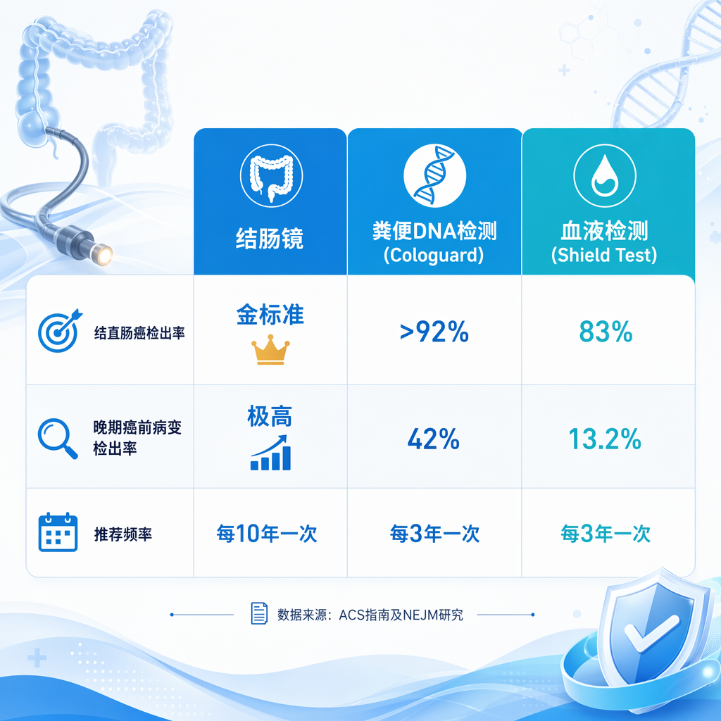 结直肠癌三种筛查方法(结肠镜、粪便DNA检测、血液检测)的关键性能指标对比图,涵盖癌症检出率、癌前病变检出率及推荐筛查频率。