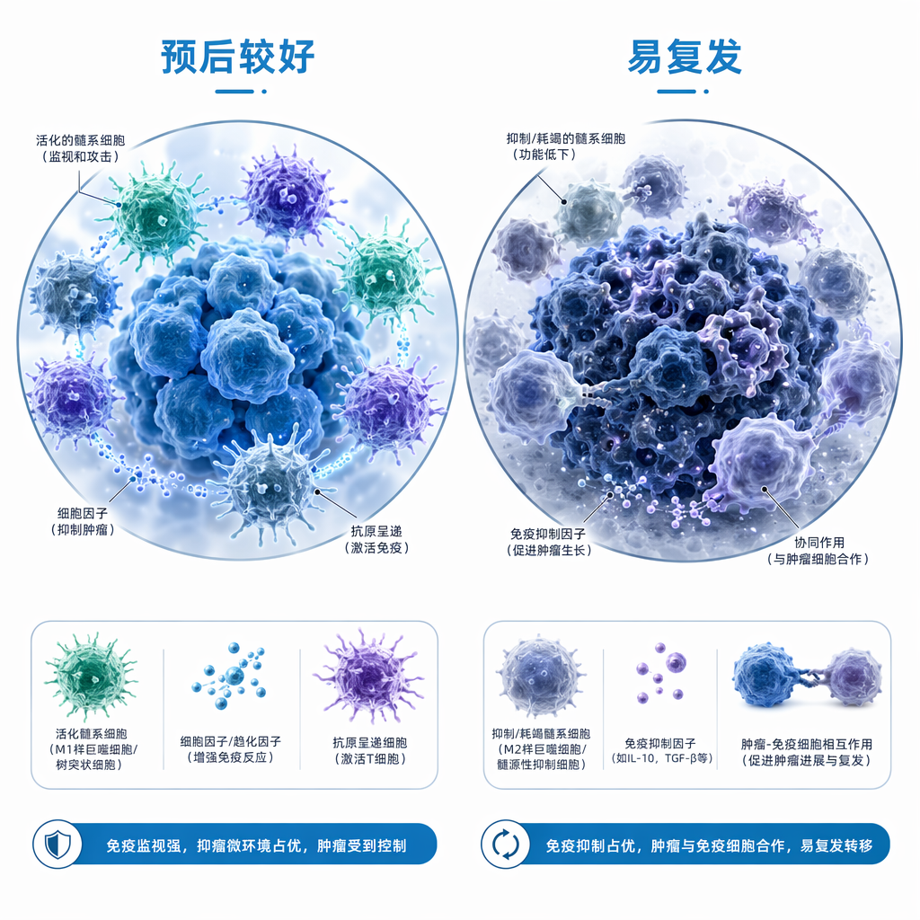 脑膜瘤微环境对比图:左侧标注‘预后较好’,显示免疫细胞积极警惕地包围肿瘤;右侧标注‘易复发’,显示免疫细胞处于懈怠或与肿瘤细胞‘握手’合作的状态。