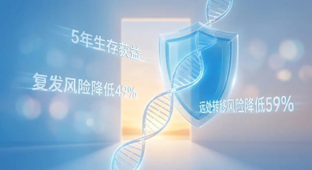 画面中心是一条发光的、充满科技感的mRNA链条,它正穿过一面由盛诺一家品牌蓝(#1996DF)构成的半透明保护盾牌,奔向远方象征希望的金色晨曦之门。画面中优雅地漂浮着“5年生存获益”、“复发风险降低49%”和“远处转移风险降低59%”的医学数据字样。整体视觉语言高级且专业,传达出国际前沿mRNA疫苗技术为黑色素瘤重症患者带来的生命曙光。