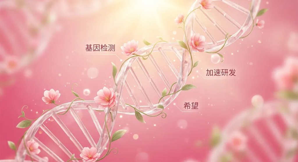 一张充满治愈感的医学插画:抽象的DNA双螺旋结构与绽放的粉色花朵交织,沐浴在品牌粉色(#E91E63)和温暖的金光中。画面上方漂浮着‘基因检测’、‘加速研发’和‘希望’的字样,传达出科学进步带来的温暖陪伴与未来期盼。