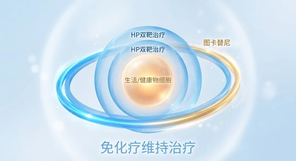 一张抽象医学插画,展示了在HER2阳性乳腺癌维持治疗阶段‘做加法’的概念。中心是一个代表生命的柔和发光球体,外围有两层代表‘HP双靶治疗’的蓝色半透明保护罩,最外层正在增加一圈更明亮、更坚固的‘图卡替尼’光环,寓意更强的靶向保护和免化疗的轻盈感。