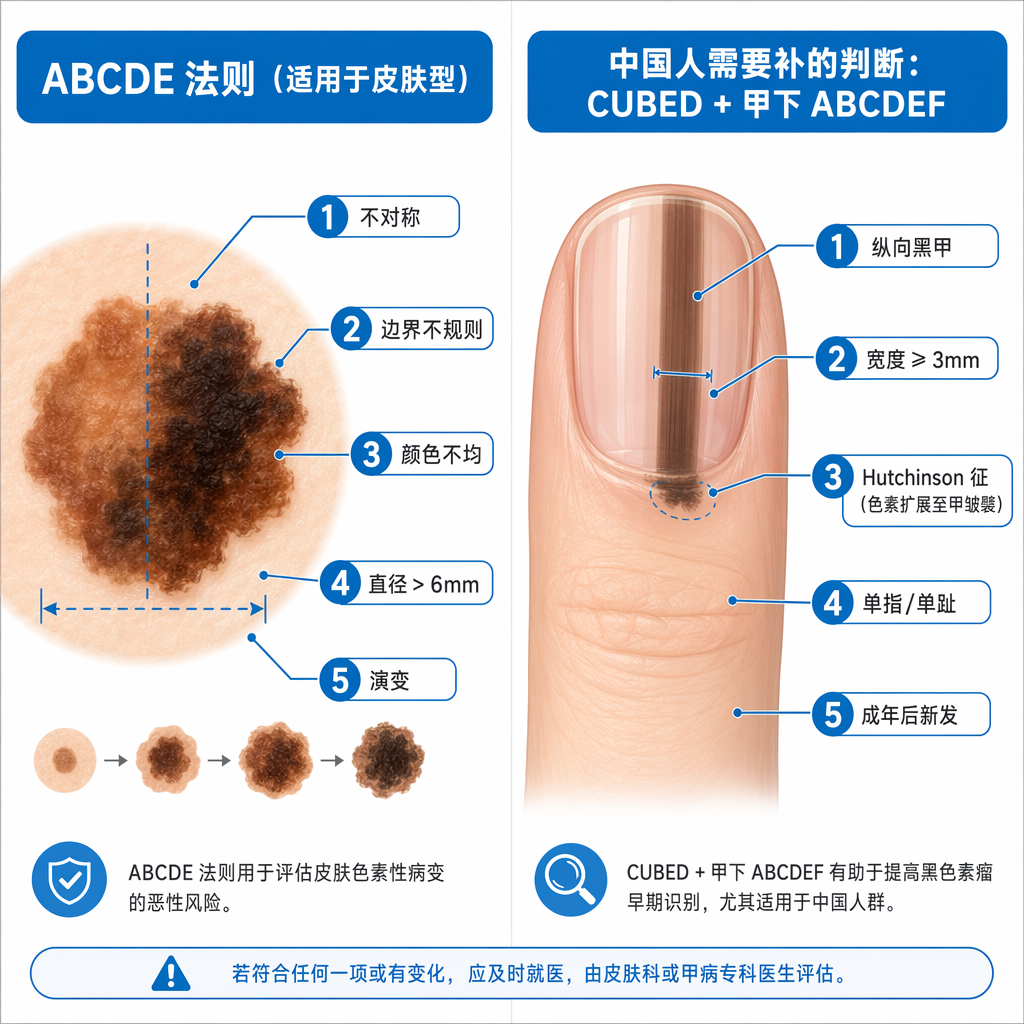 一张专业的医学对比信息图。左侧展示针对皮肤型黑色素瘤的‘ABCDE 法则’,配有痣的示意图及五个标准标签(不对称、边界不规则、颜色不均、直径>6mm、演变);右侧展示针对中国人高发的肢端型黑色素瘤的补充标准,配有指甲纵向黑甲的示意图及五个关键判断标签(纵向黑甲、宽度≥3mm、Hutchinson 征、单指/单趾、成年后新发)。整体风格简约专业,采用盛诺一家品牌蓝色调。