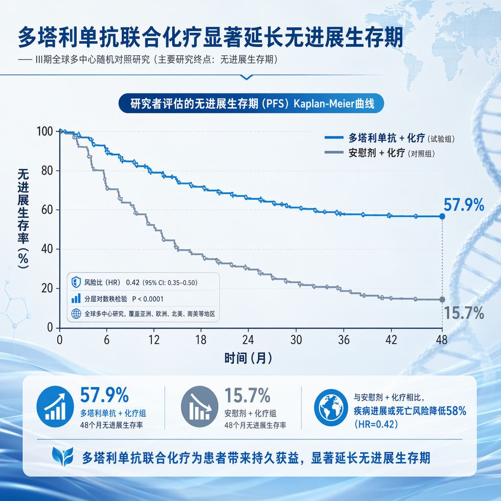 一张专业的医学曲线图,展示了dMMR/MSI-H子宫内膜癌患者使用多塔利单抗联合化疗后的长期生存优势。图中显示,在48个月时,多塔利单抗组的无进展生存率稳定在57.9%,而安慰剂组仅为15.7%,画面风格专业且充满希望。