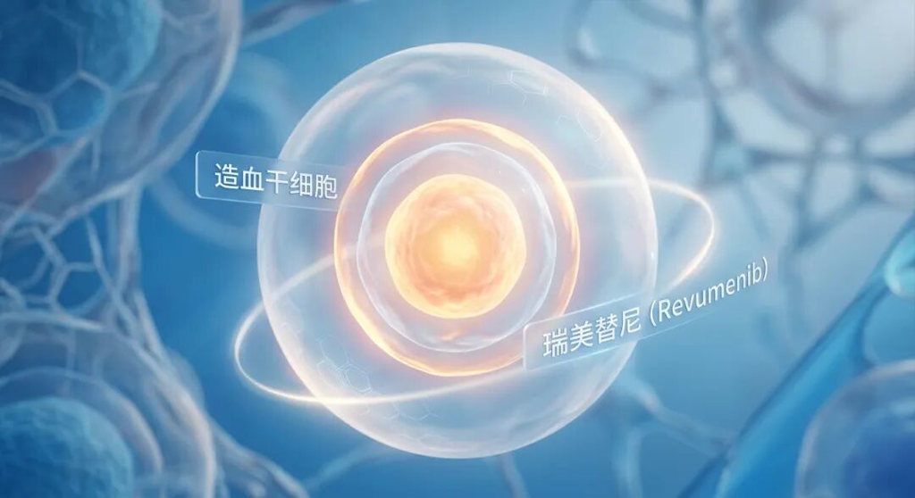 画面中心是一颗散发着柔和光芒的造血干细胞,象征移植后的生命种子。它被一层半透明、充满科技感的蓝色保护罩(象征瑞美替尼维持治疗)紧紧包裹,阻挡外界风险。主色调采用盛诺一家品牌蓝(#1996DF),核心处透出温暖的金色光芒,寓意通过科学手段守住移植成果,为患者带来重生的希望。