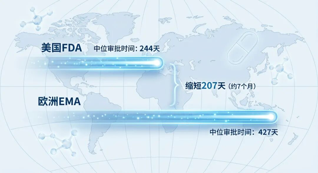抽象医学插画:对比美国FDA与欧洲EMA抗癌药审批速度。上方蓝色光带代表FDA(244天),下方代表EMA(427天),中间标注207天的显著时间差。背景结合全球经纬线与发光分子,体现国际化专业感与“时间即生命”的品牌关怀。