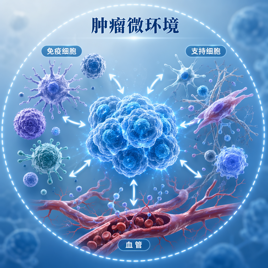 脑膜瘤肿瘤微环境示意图:展示了中心肿瘤细胞与周围免疫细胞、支持细胞及血管构成的“生态系统”,通过箭头体现它们之间的相互作用与对话。