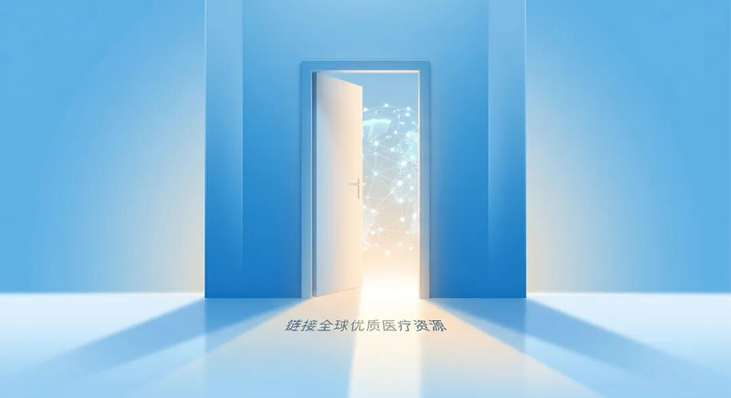 一扇微微开启的抽象之门,门外是代表全球医疗资源的璀璨星网与地球轮廓,温暖的光芒从门缝洒向前方,画面配有‘链接全球优质医疗资源’字样,寓意为患者开启通往国际前沿医疗的新希望。