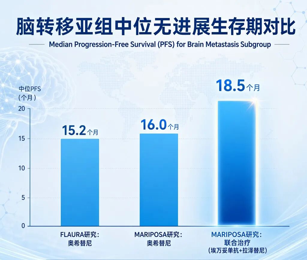 一张专业医学插画风格的数据对比图,展示了脑转移亚组患者在不同研究中的中位无进展生存期(PFS)。图中通过三根蓝色柱状图清晰对比了:FLAURA研究中奥希替尼组(15.2个月)、MARIPOSA研究中奥希替尼组(16.0个月)以及MARIPOSA研究中联合治疗组(18.5个月)。画面色调为盛诺一家品牌蓝,风格温暖且具有国际化专业感,强调了联合治疗方案带来的生存期延长。