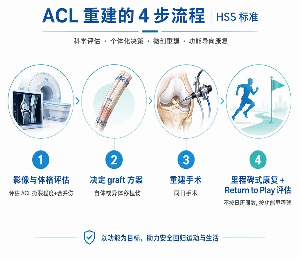 HSS前交叉韧带(ACL)重建标准流程图,展示了从影像评估、移植物方案选择、同日重建手术到基于里程碑的康复评估四个专业阶段,采用盛诺一家品牌蓝调的扁平化医学插画风格。
