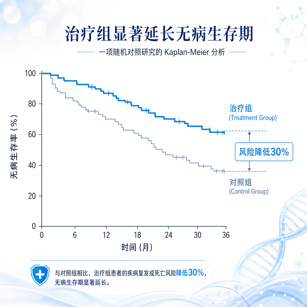 无病生存期(DFS)对比曲线图:展示了新型基因疗法联合放疗(治疗组)与标准放疗(对照组)的差异。治疗组曲线始终处于上方,并标注风险降低30%,直观体现了新疗法在降低复发风险方面的显著优势。