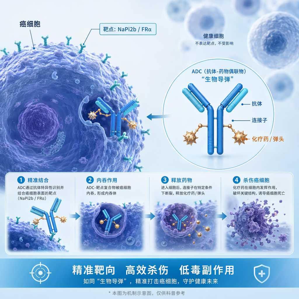 ADC药物(生物导弹)工作原理示意图:展示了由抗体、连接子和化疗药组成的ADC分子如何精准识别癌细胞表面的NaPi2b或FRα靶点,进入细胞内部释放药力,实现精准杀伤。