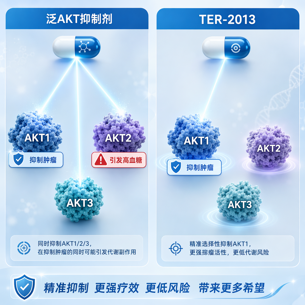 一张医学对比示意图。左侧为‘泛AKT抑制剂’,显示药丸发出的三支箭同时射向AKT1、AKT2和AKT3靶点,并在AKT1旁标注‘抑制肿瘤’,在AKT2旁标注‘引发高血糖’;右侧为‘TER-2013’,显示药丸仅发出一支精准的箭射向AKT1靶点(标注‘抑制肿瘤’),而AKT2和AKT3靶点未受影响。画面采用盛诺一家品牌蓝调,专业且具有国际化美感。